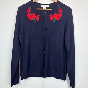 Embroidered Navy Cardigan with Red Floral Design